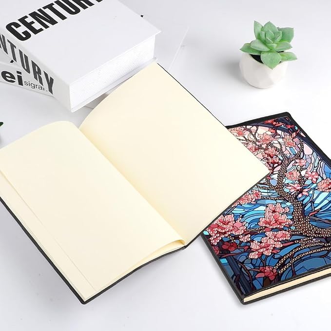 FRANDEK Pearl Painting Notebook Kit, Red Flower Tree A5 DIY Journal with 50 Blank Pages, Diamond Gem Art Cover with Waterproof Canvas, Beginner Craft Set with Full Tools for Adults