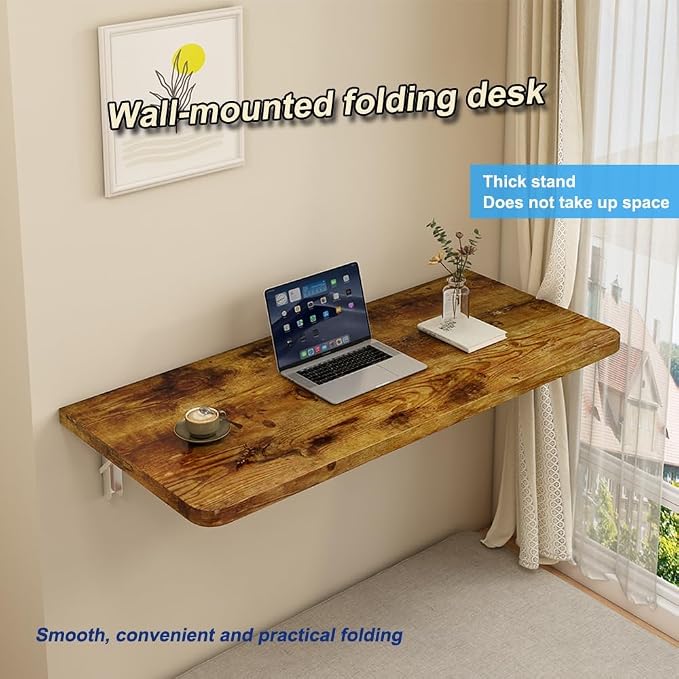 Rustic Wall Mounted Folding Table, Solid Wood Floating Shelf with Stainless Steel Brackets, Space Saving Desk for Home Office, Kitchen, Dining, Bar, Laundry Room(100X40cm/39.37"X15.75")