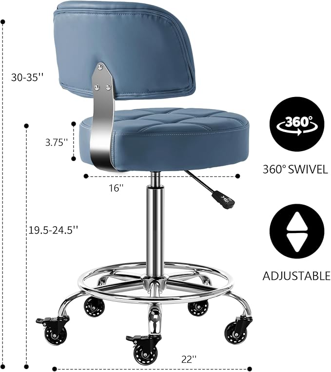 Lockable Stool with Back and Foot Rest Ergonomic Rolling Hydraulic Adjustable Stool for Doctor Esthetician Artist Home Small Office Desk (Blue, 19.5''-24.5'')