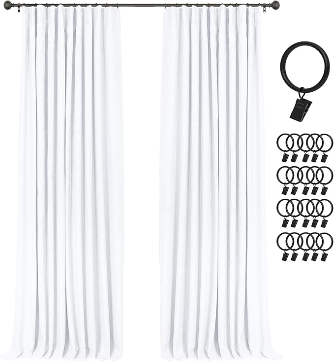 INOVADAY 100% Blackout Curtains for Bedroom, Bright White Black Out Curtains 63 Inch Long, Clip Rings Linen Blackout Drapes, Thermal Insulated Room Darkening for Living Room, 2 Panels - W50xL63