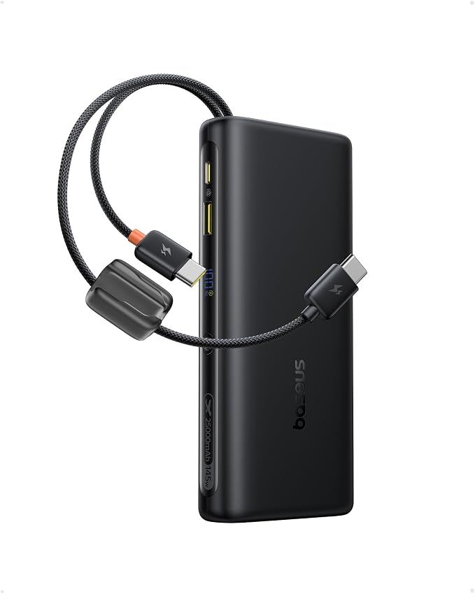 Baseus 25000mAh Power Bank, CCC Certified 145W Laptop Portable Charger with Dual Built-in USB-C Cables, PD3.1 Fast Charging Battery Pack for MacBook Pro/Air,iPhone 17/16 Series Galaxy S25/S24