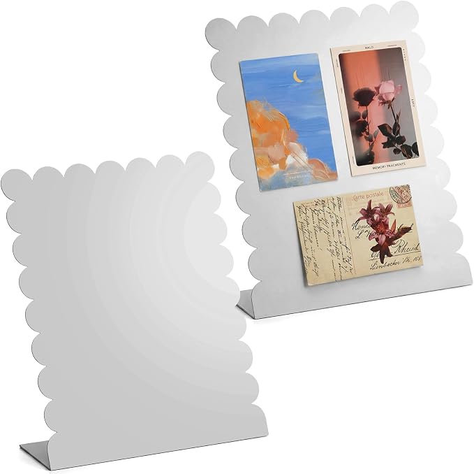 Gueevin 2 Pcs Magnet Board Standing Magnetic Metal Board for Desk and Wall Scalloped Magnetic Display Stand for Memos Photos and Documents Home Office School Desk Storage Decoration(Silver,Medium)
