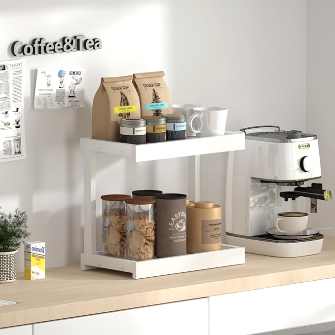 MARTY Counter Shelf Organizer, Large Spice Rack for Countertop, White | 2 Tier Serving Tray, 15.75"x8.9"x14.4" Large Display Stand, Coffee Bar/Station Organizer for Mugs Cups, for Kitchen Pantry