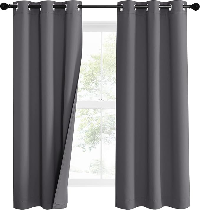 NICETOWN Noise Reduction Blackout Curtains, Thermal Insulated Full Blackout 3-Layer Lined Drapes, Energy Efficiency Window Draperies for Bedroom (Grey, 2 Panels, 42-inch W by 63-inch L)