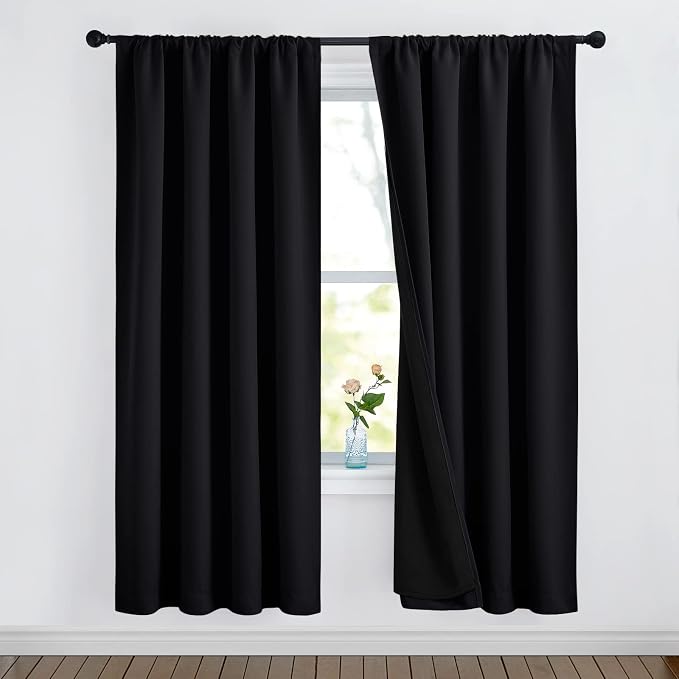 NICETOWN Cold Reducing Curtains, 100% Blackout Curtains 52 x 72, Full Light Blocking Drapes with Black Liner for Nursery, Thermal Bedroom Drapes and Curtains (Black, 2 Pieces)