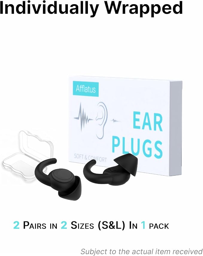 Afflatus Ear Plugs for Sleep and Noise Reduction, Soft & Comfort, 26dB | Snug Ear-Hug Fit, Side Sleep Comfort, Non-In-Ear, 2 Pairs 2 Sizes (S+L), Delicate Giftbox, Washable, Reusable