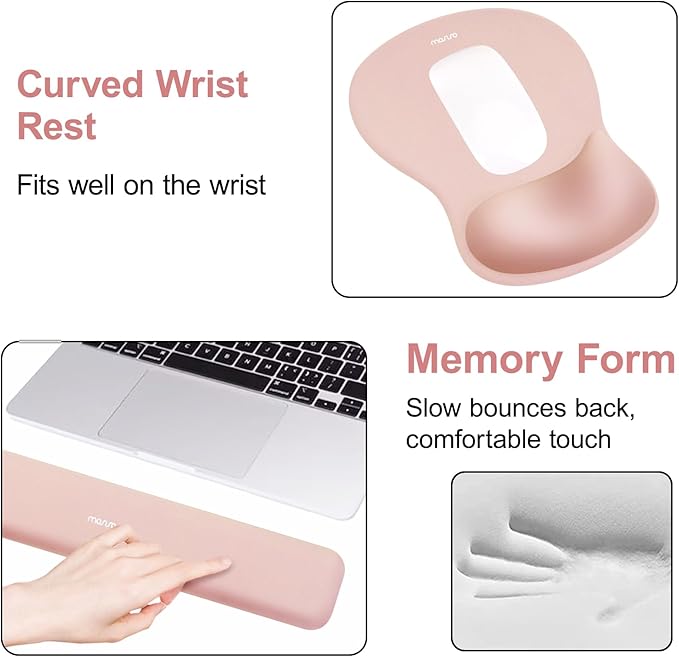 MOSISO Wrist Rest Support for Mouse Pad&Keyboard Set, Ergonomic Mousepad&Coaster, Non-Slip Base Home/Office Rectangular Easy Typing Cushion Pad with Soft Cloth&Curved Concave Memory Foam, Peach Fuzz