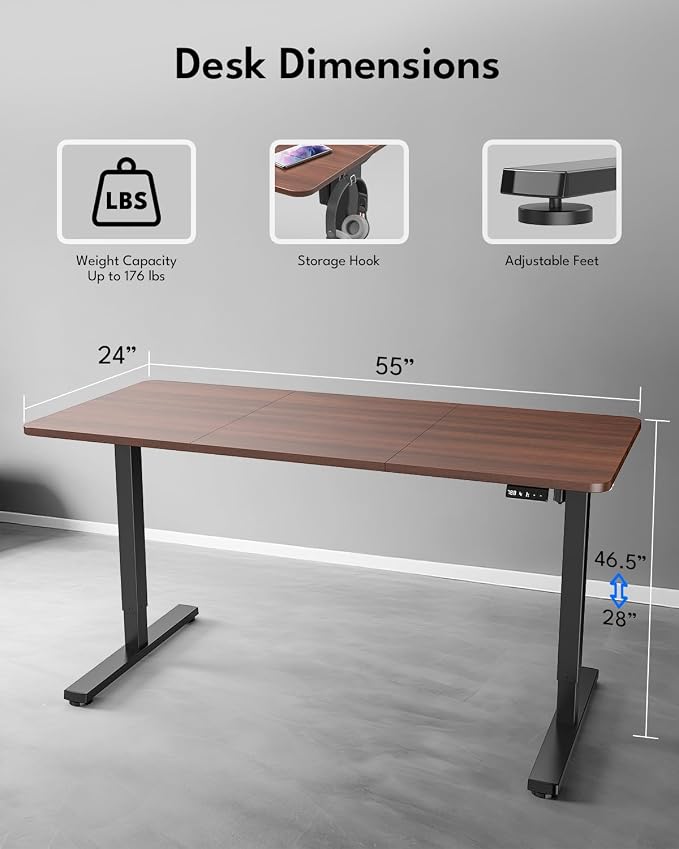 Large Electric Standing Desk, Gaming Desk, 55 x 24 Inch, Walnut | Height Adjustable Computer Desk with Smart Controller, Sit and Stand Up Table for Home, Office, Work, Study, Writing