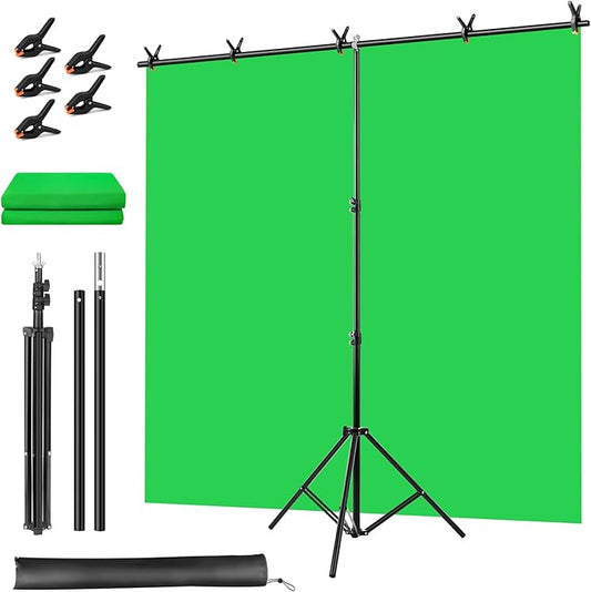 Green Screen Backdrop Kit, Portable Greenscreen Background with T-Shaped Stand, 5 Clamps & Carrying Bag for Photography, Streaming, Zoom, Gaming, (Green, 6.5 Feet X 5.0 Feet)