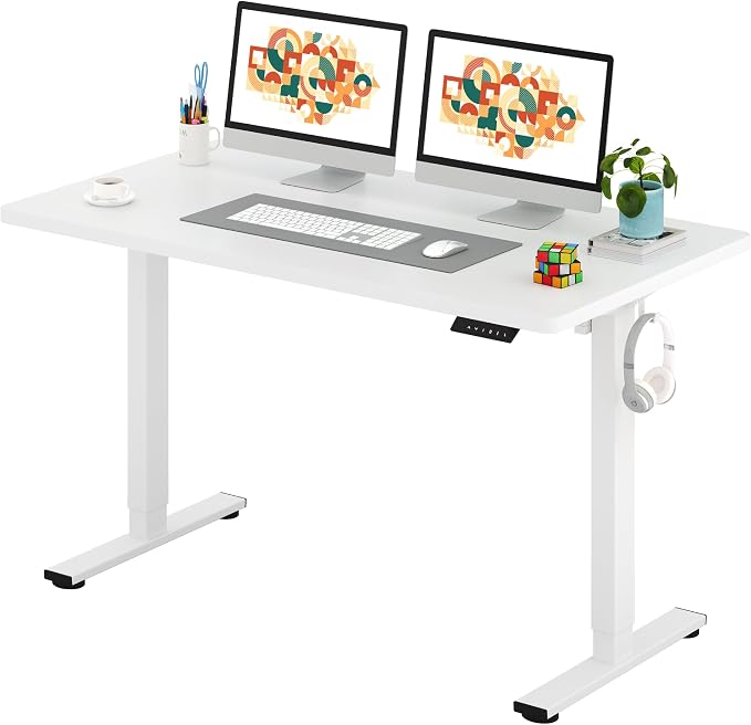 SANODESK One-Piece Electric Standing Desk, Seamless 55 x 28'' Ergonomic Height Adjustable Sit Stand Desk with Memory Presets for Home Office Computer Workstation, White Frame/White Top