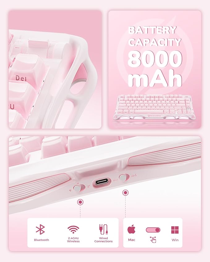 GravaStar Mercury K1 75% Pink Wireless Keyboard, Aluminum Alloy Exoskeleton Design Mechanical Gaming Keyboard, Gasket Hot-Swap Socket, Linear Switches, RGB Backlit【Sakura Pink】