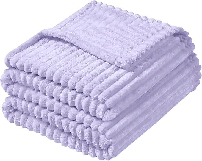 Vessia Flannel Fleece Throw Blanket for Couch,Sofa,Bed, 300GSM Striped Lavender Blanket for Adults and Kids, Super Soft Warm Cozy Lightweight Ribbed Lilac Throw for All-Season(Light Purple)