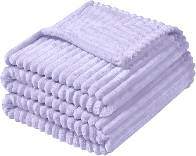 Vessia Flannel Fleece Throw Blanket for Couch,Sofa,Bed, 300GSM Striped Light Purple Blanket for Adults, Super Soft Warm Cozy Lightweight Ribbed Lilac Throw for All-Season(Lavender,50x70inch)