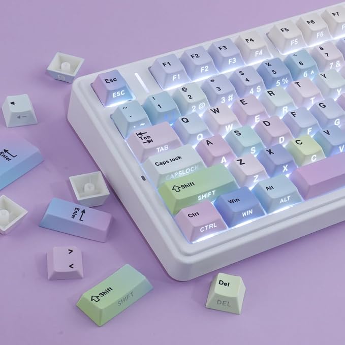 Sunzit Dreamy Purple Keycaps,132 Keys PBT Custom Side Print Keycaps,Cherry Profile Dye Sub Keycap Set,Cute Shine Through Keyboard Key caps for Mechanical Keyboards