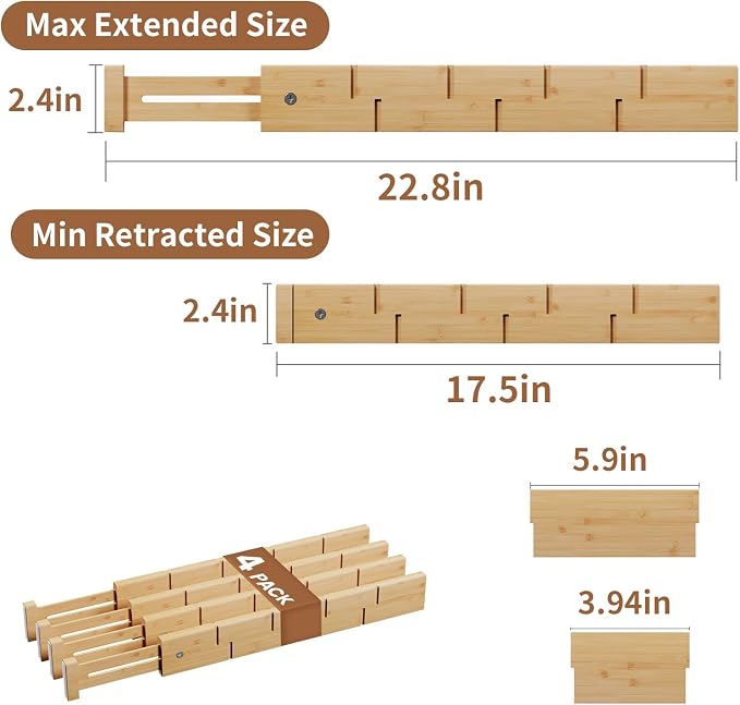 Bamboo Drawer Dividers 4 Pack with Inserts, Kitchen Adjustable Drawer Organizers for Home, Bedroom, Dresser, Expandable Organization 4 Dividers with 8 Inserts