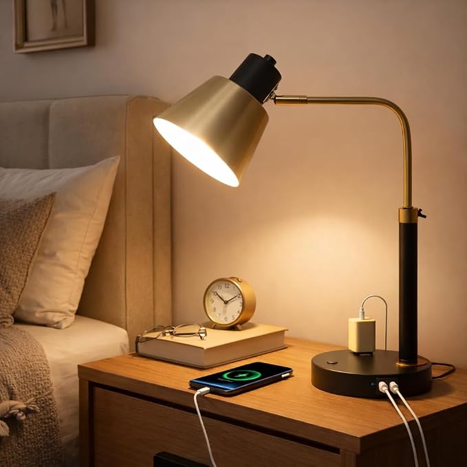 Desk Lamp with USB-C, USB-A & AC Outlet, Adjustable Metal Desk Lamp with 340° Swivel Lamp Head, Heavy Duty Table Lamp for Home Office, Bedroom & Reading, Black with Brass Accents (Bulb Not Included)