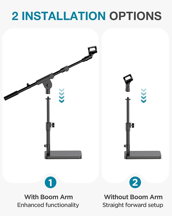 InnoGear Adjustable Desk Microphone Stand, Weighted Base Boom Arm Mic Stand, 3/8'' and 5/8'' Threaded Mounts for Blue Yeti HyperX QuadCast SoloCast Fifine, Kick Drums, Guitar Amps, Black, Large