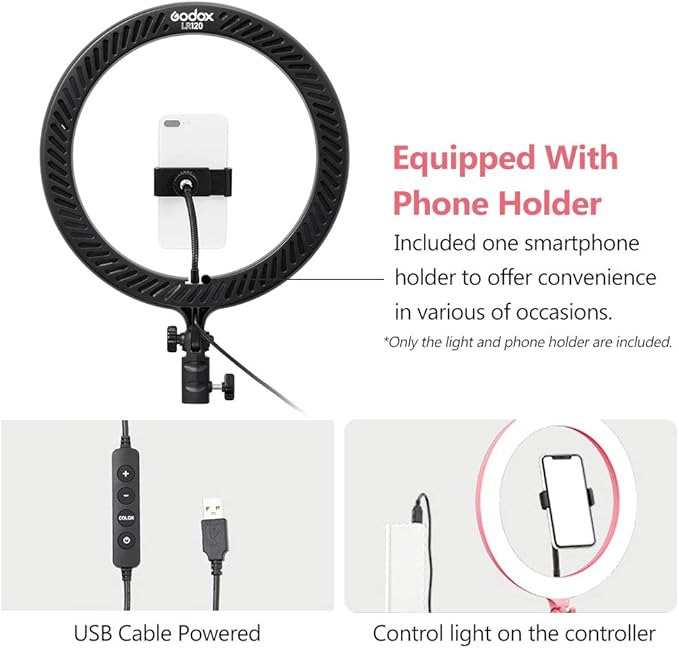 GODOX LR120 12 Inch LED Ring Light Photography Light Fill-in Light 3000K-6000K Bi-Color Temperature Adjustable Brightness USB Powered with Phone Holder for Live Streaming Selfie Makeup Photography