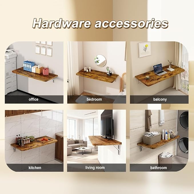 Rustic Wall Mounted Folding Table, Solid Wood Floating Shelf with Stainless Steel Brackets, Space Saving Desk for Home Office, Kitchen, Dining, Bar, Laundry Room(100X40cm/39.37"X15.75")
