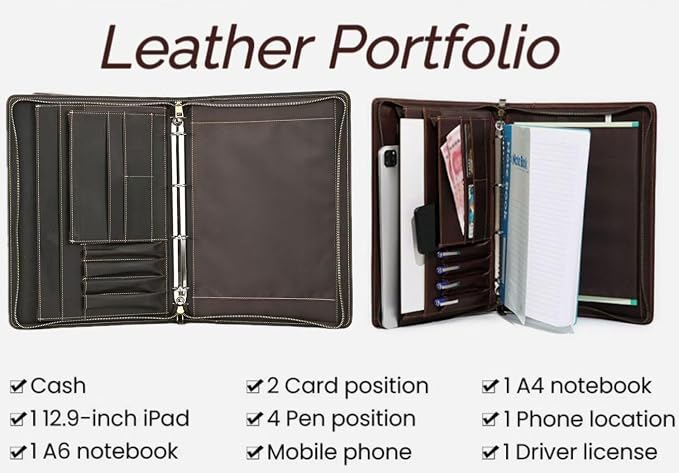 Zippered Padfolio Organizer, Leather Planner Binder, 12.9 Inch Portfolio Folder for Documents, Letter Size Business Card Tablet Document Holder for Men&Women