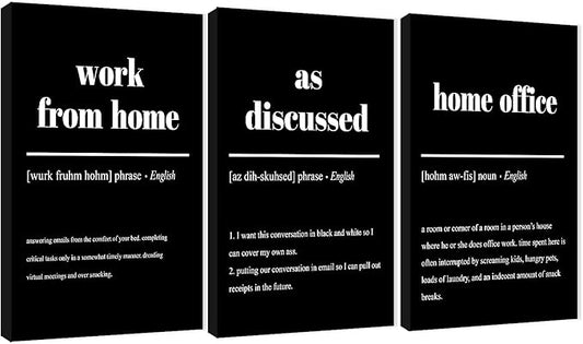 3 Piece Inspirational Canvas Wall Art, Quote "Work From Home - as Discussed - Home Office" Motivational Print Picture, Triptych Entrepreneur Poster Framed Artwork for Men Women Room Decor(72"Wx36" H)
