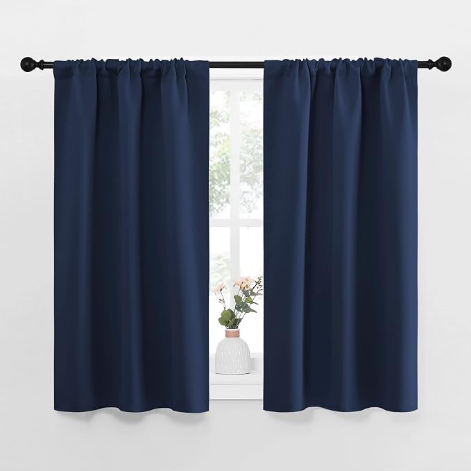 NICETOWN Kitchen Curtains, Short Blackout Curtains & Drapes, Thermal Insulated Rod Pocket Window Treatment Draperies for Nursery (Navy, 29" x 40", Set of 2)