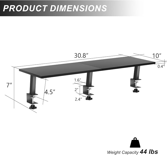 30-Inch Desktop Clamp-on Shelf & Monitor Riser, 2-in-1 Reversible Design – Fits Either Side of Desk, C-Clamp for Stability, Holds 44 lbs, for Gaming PC, Console & Office Setup