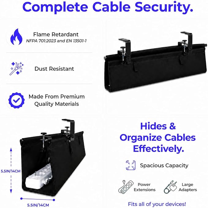 Under Desk Cable Management Tray 36", No Drill Clamp-On Design, Premium Oxford Fabric Cord Organizer Hides Power Strip & Messy Wires, Ideal for Home Office & Gaming Desk