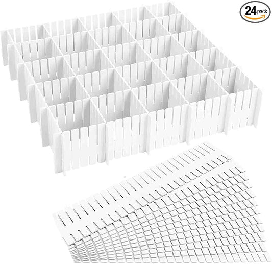 24 Pcs Drawer Divider Adjustable DIY Storage Organizer Separator for Tidying Clutter Cutlery Underwear Socks Clothes Dresses Desk & Box in Kitchen Bathroom Bedroom Office (Cut at Will)