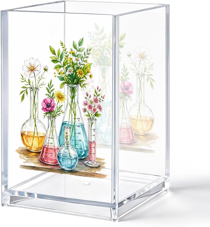 Chemistry Lab Acrylic Pen Holder for Desk, Floral Science Beaker Design Clear Acrylic Organizer Box, Cute Chemist Desk Accessories, Laboratory Office Decor Gifts for Scientist Teacher Student