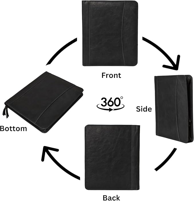 Genuine Leather Portfolio Organizer with Zipper for Men Women, Padfolio Business Resume A4/Pad, Folder Organizer, Legal Pad Holder with Card Slots, Zippered Padfolio for Business Documents, Black