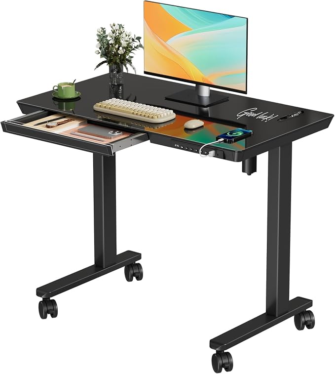 Glass Electric Standing Desk with Drawer, 35" x 20" Whole Piece Tabletop Samll Sit Stand Table, Height Adjustable Workstation with Storage & USB Ports, Quick Install Home Office Desk
