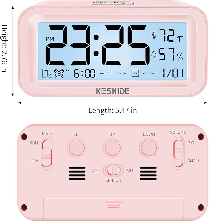 Night Light Digital Alarm Clock Battery Operated with Indoor Temperature Humidity, Desk Small Clock,Snooze Model,12/24H Display for Bedrooms Heavy Sleepers Kids Travel Bathroom (Pink)