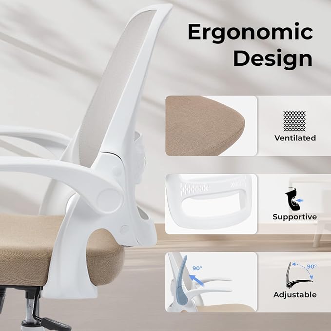 Ergonomic Mesh Office Chair for Home Office, Flip-Up Arms, Breathable Mesh Back & Thick Seat Cushion, Swivel Rolling Computer Desk Chair – BIFMA Certified, Supports 300 lbs (White Frame/Beige Seat)