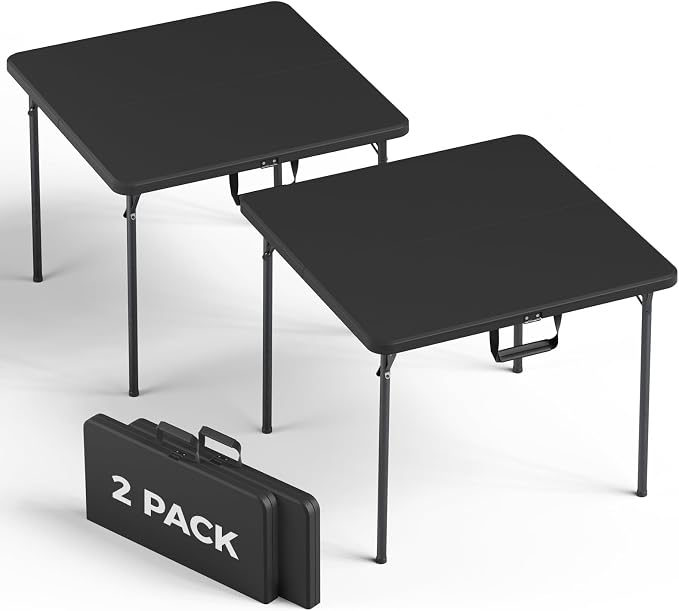 Folding Table 2 Pack, 36 Inch Square Foldable Card Tables, No Assembly Portable Folding Tables, Heavy Duty Fold-in-Half Tables with Carry Handles for Camping, Picnic, Parties, RV Travel & Indoor Use
