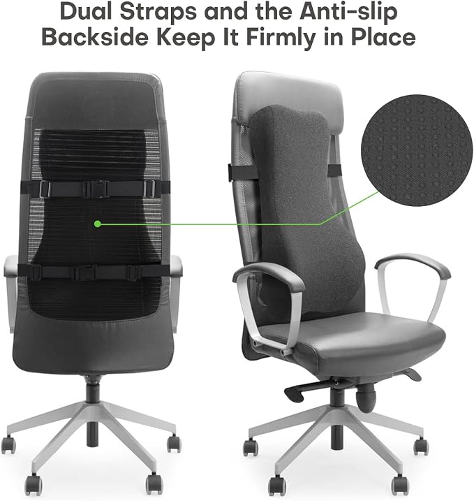 Back Support for Office Chair, 24" Full Back Memory Foam Cushion | No Forward Push Design • Lumbar & Back Pain Relief • Extended Upper Back & Neck Comfort • Dual Adjustable Straps
