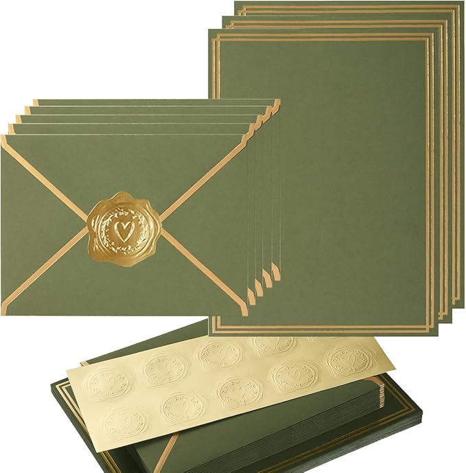 50 Pack Stationery Set with Envelopes, Olive Green, 6x8 Inches | Gold Border, A6 Envelopes 4.75x6.5 inch and 6x8 Paper Sheets, Stickers for Letter Writing, Invitations