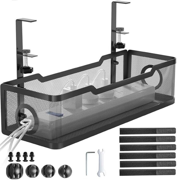 Under Desk Cable Management Tray with Clamp – No Drill Wire Organizer for Office & Home, Cord Management Box – No Damage to Desk