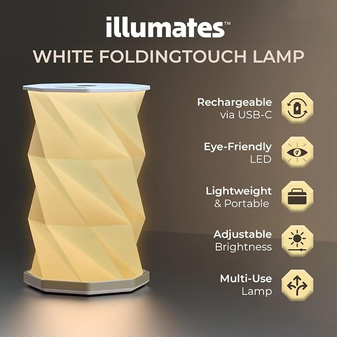 Origami Expanding Foldable LED Desk Lamp – USB Rechargeable & Portable - Dimmable Touch Control Light with Adjustable Height up to 8.25" for Office, Travel, Bedside - Sleek & Modern Design (White)