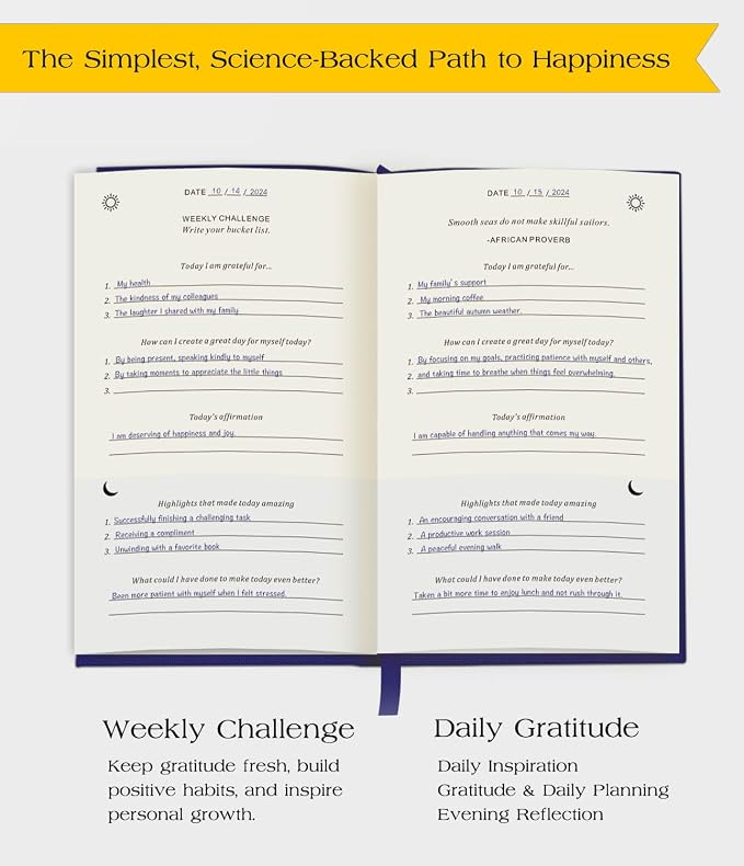 The Original Gratitude Journal with Inspiring Prompts & Quotes for Mindfulness, Reflection & Personal Growth - Daily Wellness Journal for Men & Women - Luxurious Linen Blue Cover