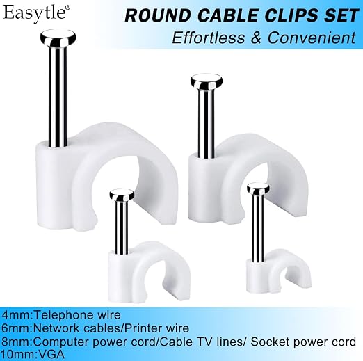 Cable Wire Clips 4mm 6mm 8mm 10mm Cable Management RG6 RG59 CAT5 CAT6 RJ45 Electrical Ethernet Dish TV Speaker Wire Cord Tie Holder Single Coaxial Nail Clamps (Pack of 400)