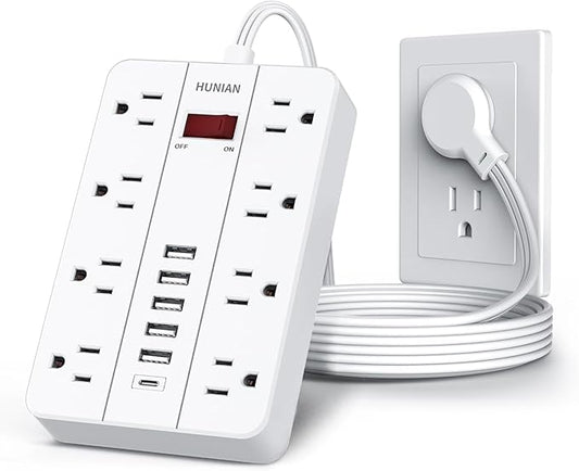 Power Strip with USB, Flat Plug Extension Cord with Multiple Outlets 5 Ft, HUNIAN Power Strip with 8 Widely Spaced Outlets 6 USB Charger (1 USB C Port), Desk Charging Station for Home Office, White