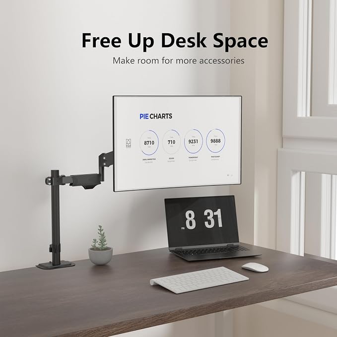 suptek Single Monitor Arm for Desk Mount Stand,Adjustable Monitor Arm for 17 to 32 inch Screen, Support Weight up to 22lbs, Mounting Holes 75x75mm to 100x100mm,Pneumatic Pole Mount Arm Black
