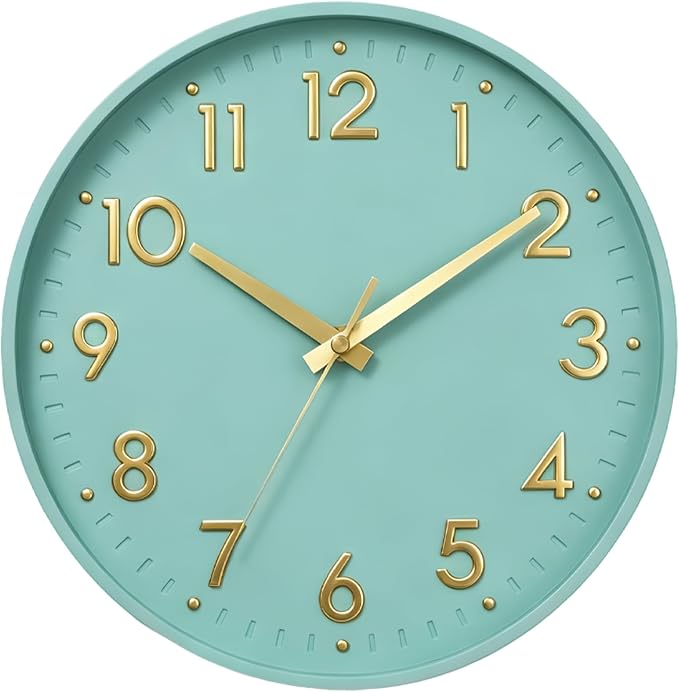 Mosewa Small 8 Inch Wall Clock Battery Operated Silent Non Ticking Analog | Mint Green modern clock; oversized 3D easy-read dial for kitchen, bedroom & office; 1 AA battery (not included)
