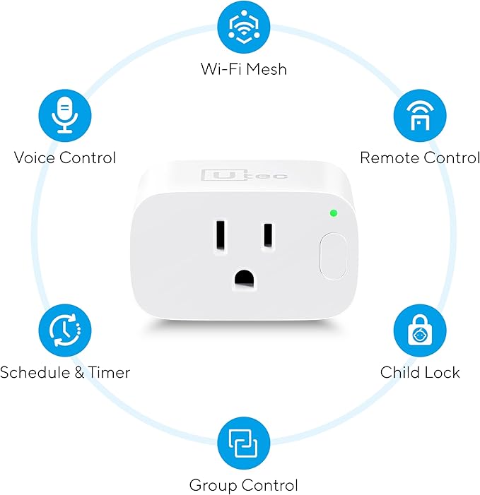 UTEC Smart Plug, Wi-Fi Mesh Outlet, 15A Ultra Efficient Smart Plug Compatible with Alexa, Google Home & IFTTT, No Hub Required, 2.4GHz Wi-Fi Only, Remote Control, ETL Certified, 2 Pack