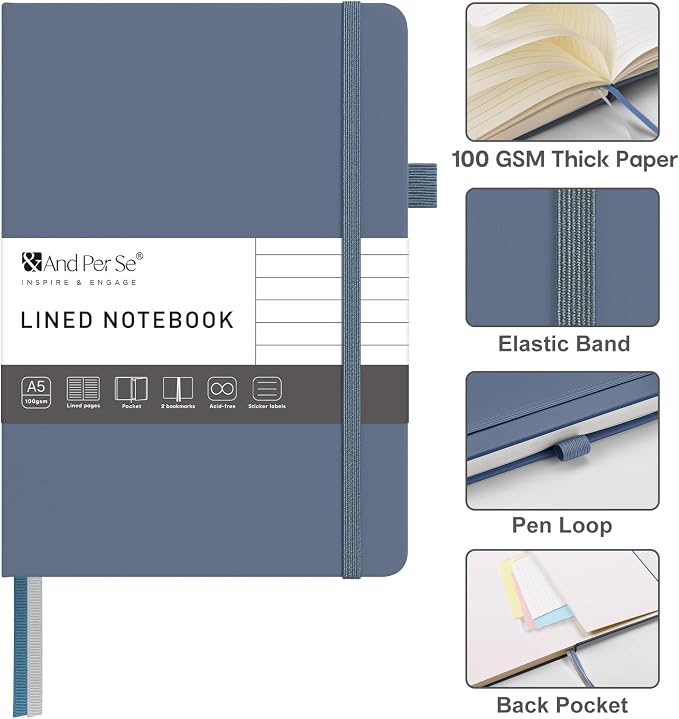 &And Per Se Lined Journal Notebook – A5 Hardcover, 160 Pages 100gsm Thick Paper, College Ruled for Writing - 5.7”x8” (Dark Blue)