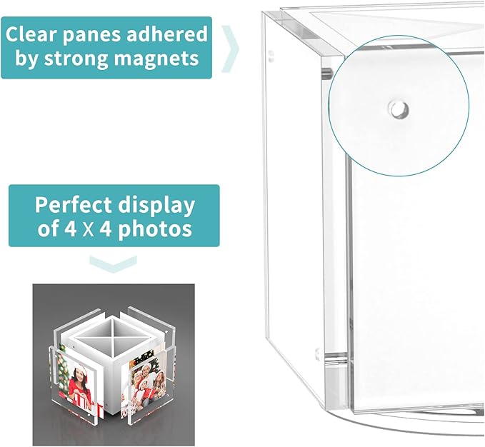 HIIMIEI Acrylic Picture Frames for Desk, 4-side Magnetic Photo Cube Pen Holder 4"x 4", 360° Rotating Desktop Organizer for Pencil, Makeup Brushes, Home, Office (White)