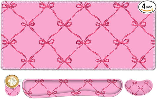 ToLuLu Large Mouse Pad Desk Pad Set, Wrist Rest Support Desk Mat for Keyboard Mouse, 4PCS 35.4”x15.7 XXL Giant Mouse Pad, Non-Slip Base Stitched Edges Mousepad Office Desk Decor, Hot Pink Bow
