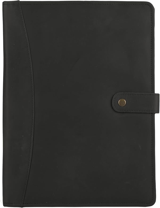 KomalC Leather Portfolio Folder with Button Closure | Business Padfolio for Professionals | Vintage Organizer with Legal Pad Holder, Card Slots & Document Pockets (Black)