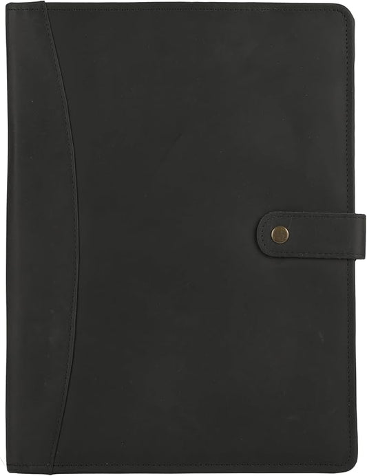 KomalC Leather Portfolio Folder with Button Closure | Business Padfolio for Professionals | Vintage Organizer with Legal Pad Holder, Card Slots & Document Pockets (Black)